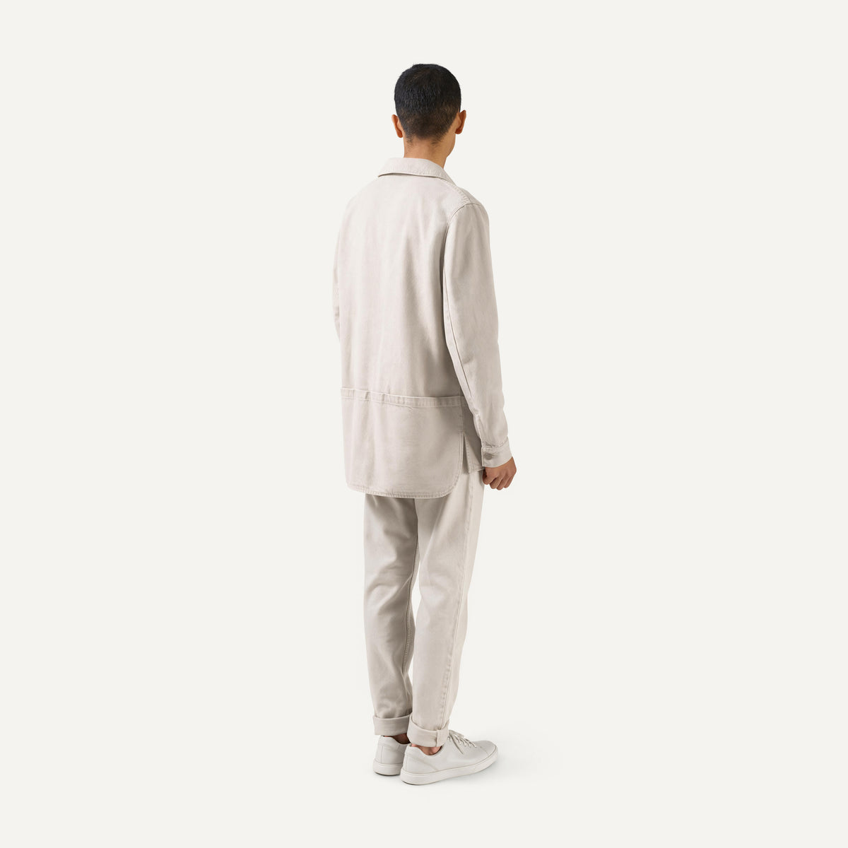 Nomen Nescio 320 Worker Denim Jacket white – model back view, full outfit